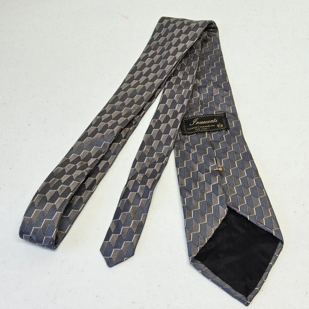 Innocenti Tom James Necktie‎ Mens Grey Silk Geometric Woven Made in USA
